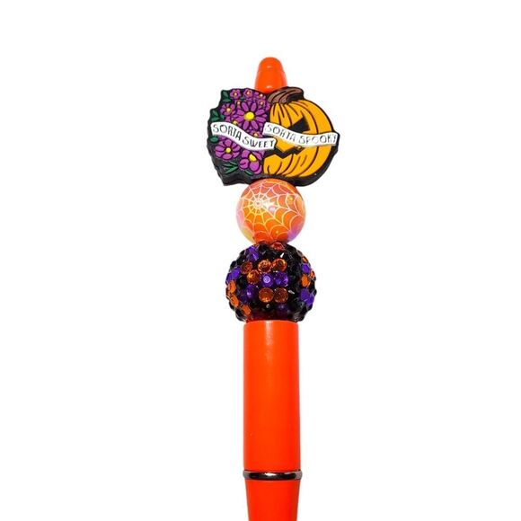 Floral Pumpkin Funny Halloween Purple Orange Silicone Rhinestone Bling Bead Pen - Picture 2 of 3